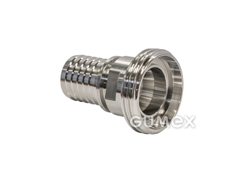 Závitové hrdlo s prstienkom pre zalisovanie, DN20, drážkovaný tŕň na hadicu 19mm, vonkajší oblý závit Rd 44x1/6", 25bar, bez tesnenia, DIN 11 851, nerezová oceľ AISI 316